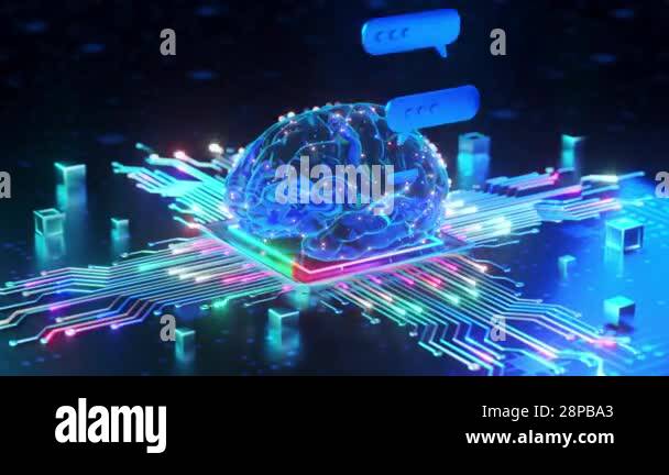 A glowing digital brain with chat bubbles on a neon circuit board ...