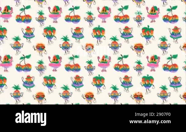 Cute happy funny rainbow fruits. Loop Background. Sketch effect Stock ...