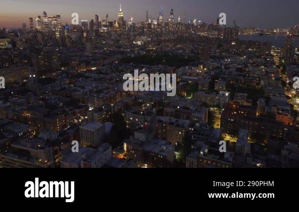 Aerial view of New York City at sunset. shot during the summer in ...