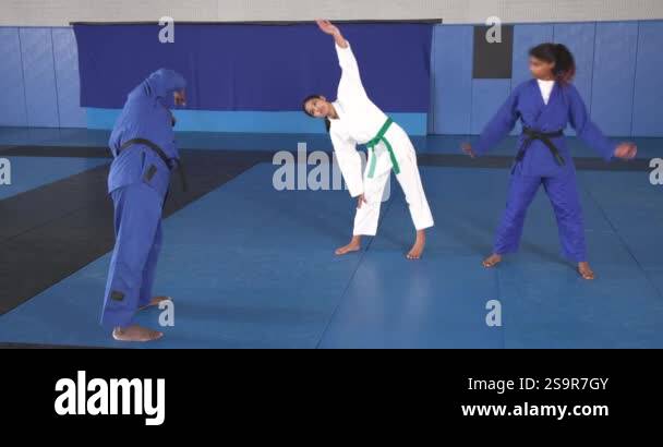 Dojo Workout Practicing judo, group of athletes stretching in dojo before training ...