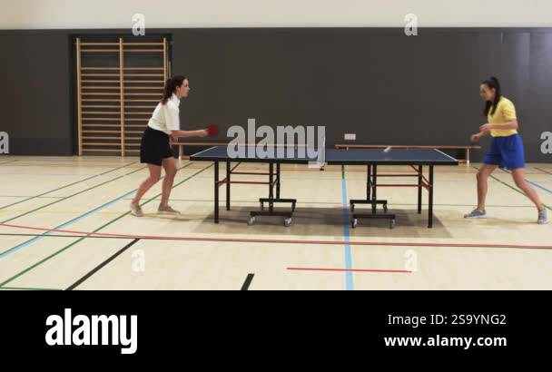 Playing table tennis, two people competing in indoor sports hall ...