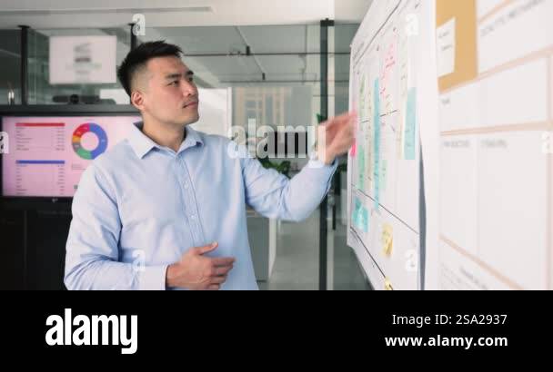 Positive focused young Asian project leader man analyzing tasking ...