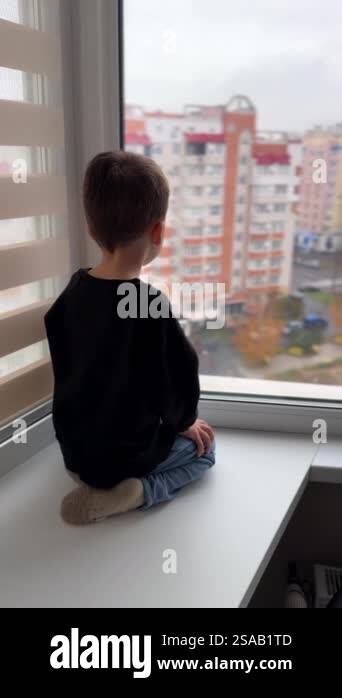 Rear view of the baby boy sitting on the window-sill. Kid looks at the ...