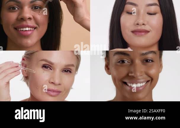 Women from various backgrounds engage in their skin care routines. Each ...