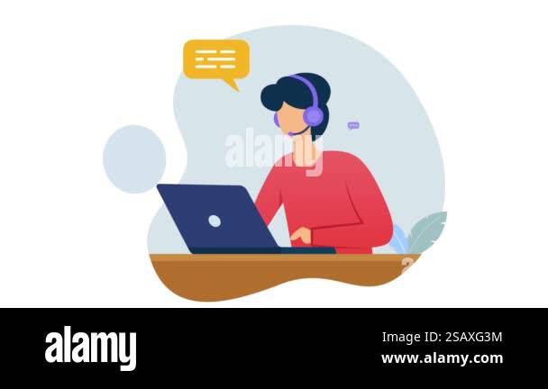 Call center operator male character animation, hotline flat cartoon ...