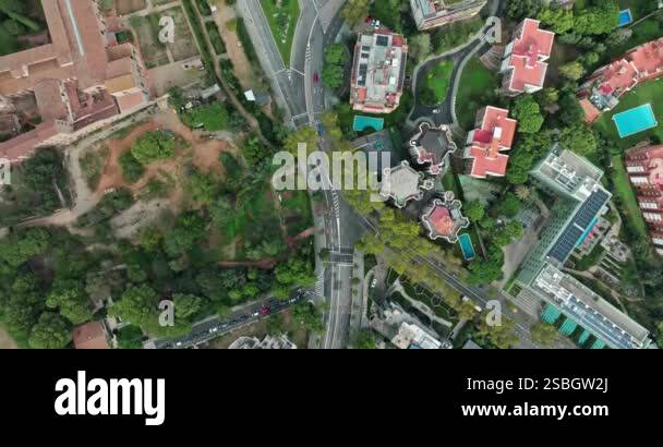 Aerial view of traffic on the roads of Barcelona. The movement of cars ...