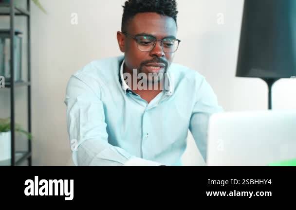 Portrait african american man freelancer in glasses talking having ...