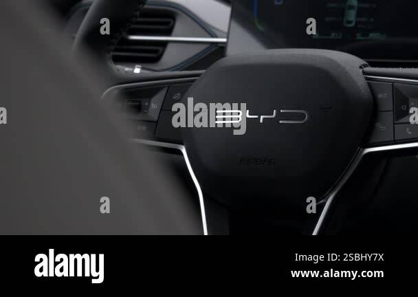 Chisinau, Moldova - January 30, 2025: Interior Steering wheel of BYD