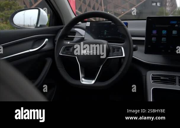 Chisinau, Moldova - January 30, 2025: Zoom on steering wheel of BYD