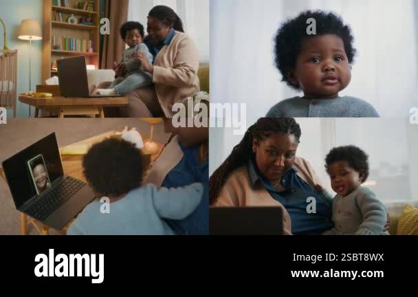 Split screen of African American mother and her cute toddler having ...