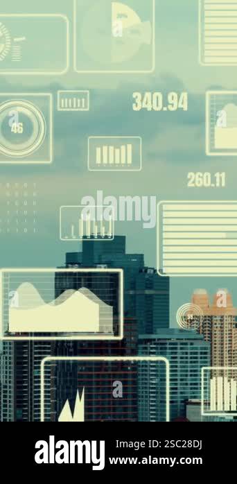Business data analytic interface fly over smart city showing alteration ...