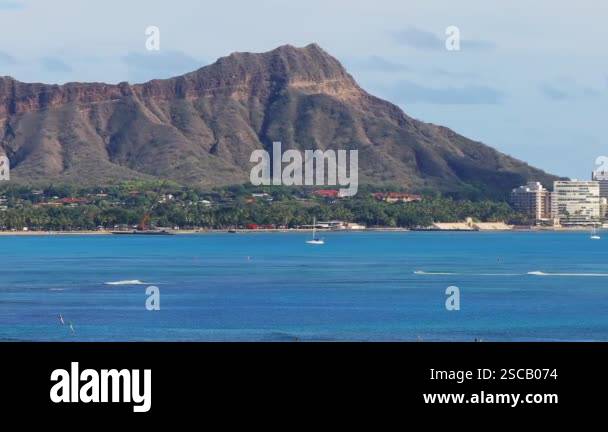 Aerial view of Waikiki Beach in Oahu, Hawaii, with Diamond Head crater ...