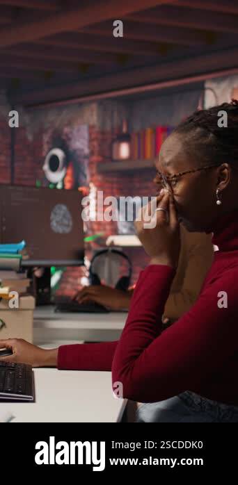 Vertical video CTO supervisor in bringing coffee mug to tired worker ...