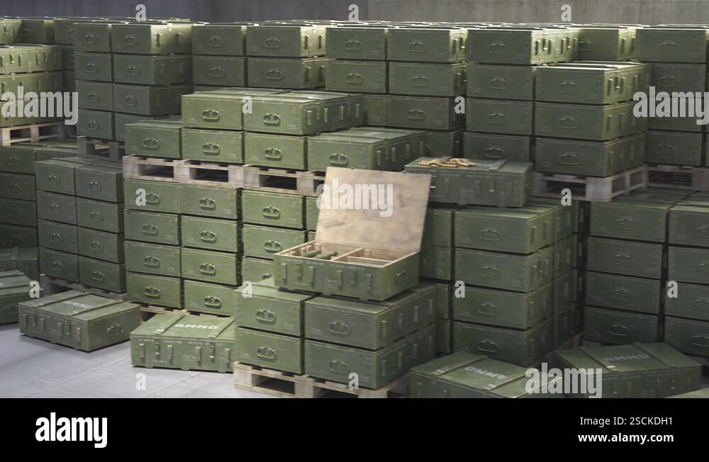 Huge stack of ammo boxes with RPG missiles and rifle ammunition in ...