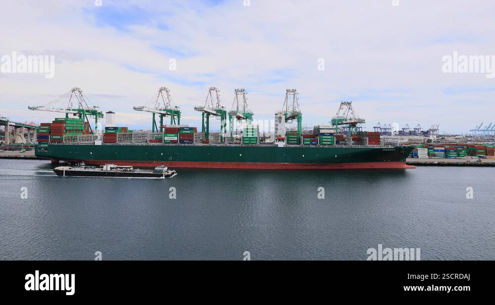 Long Beach California barge container ship cargo port fast motion 4K ...