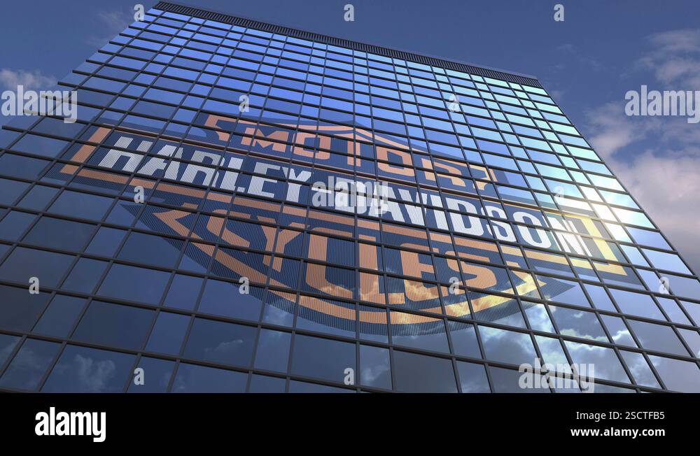 Logo of HARLEY-DAVIDSON on a media facade with reflecting cloudy sky ...