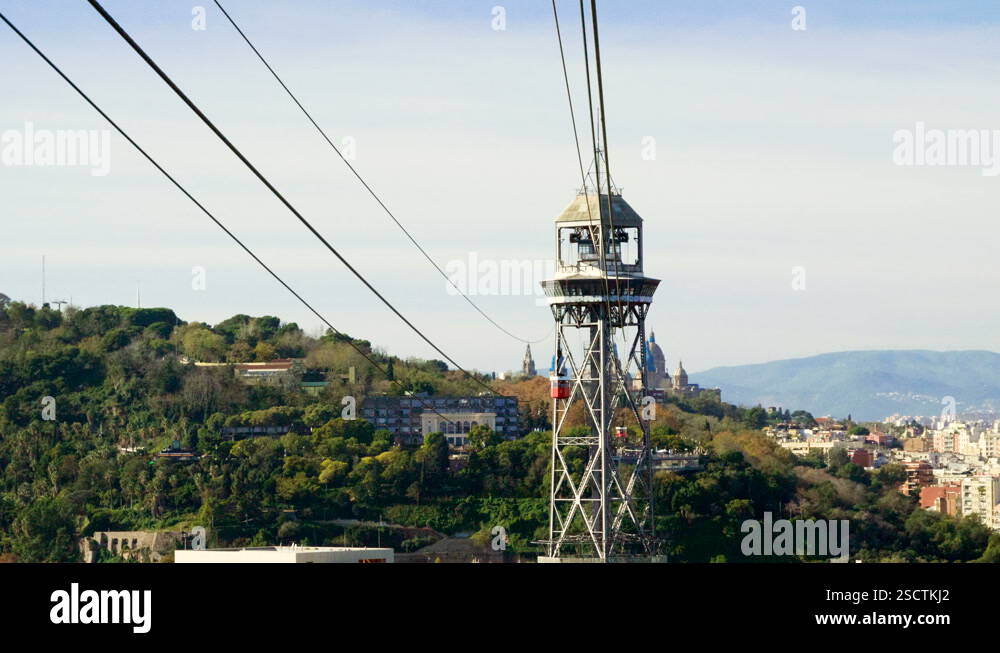 Cable car to Montjuic mountain. City view of Barcelona. Spain. Europe ...