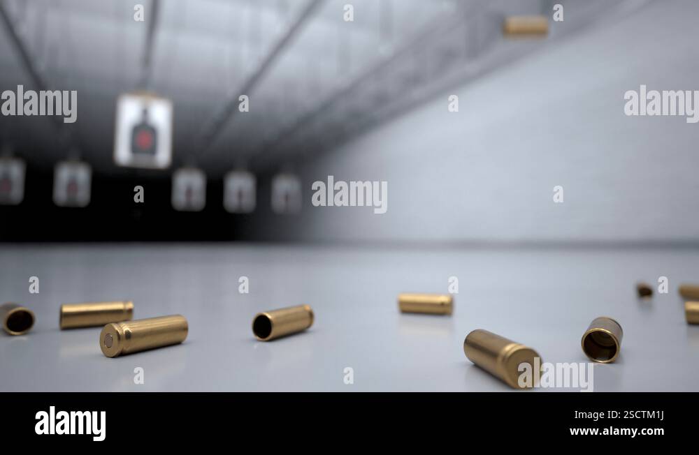 Shooting range with shells falling in front of camera. Target damaged ...