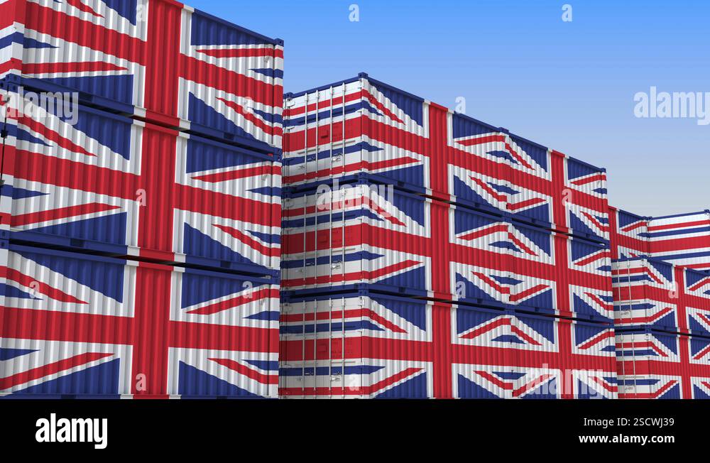 Container terminal full of containers with flag of the United Kingdom ...