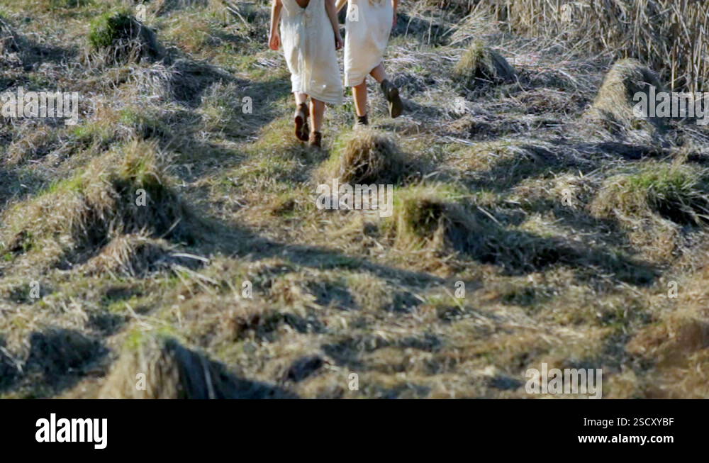 Two twin girls are walking along swampy bumps near a swampy lake Stock ...