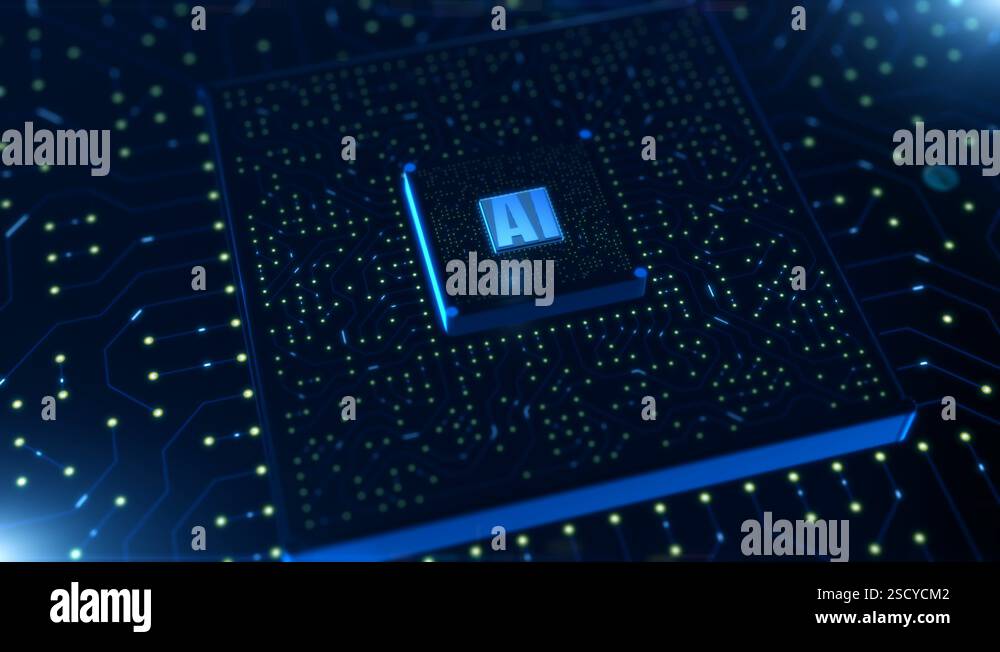 Digital 3d render of computer chip over circuit background with AI sign ...