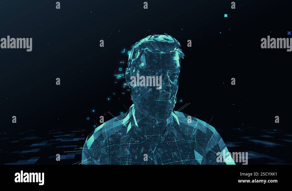 Abstract digital male walks in digital space generating a cloud of data ...
