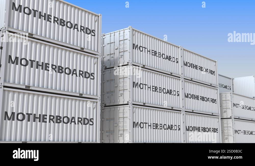 Container terminal full of containers with computer motherboards ...