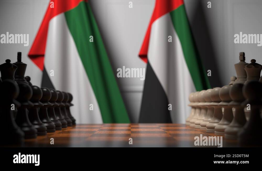 Flags of UAE behind pawns on the chessboard. Chess game or political ...