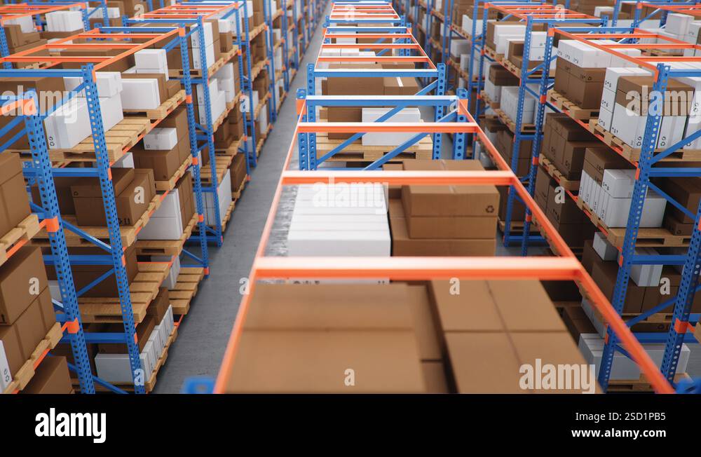 Warehouse with cardboard boxes inside on pallets racks, logistic center ...
