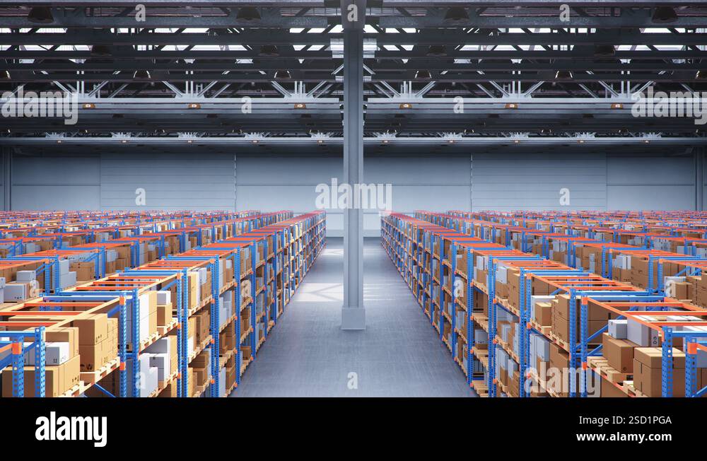 Warehouse with cardboard boxes inside on pallets racks, logistic center ...