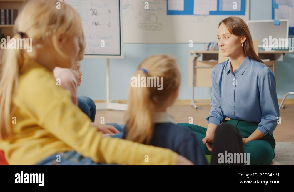 School Class: Children Sitting on Bean Bags while Teacher Explains ...