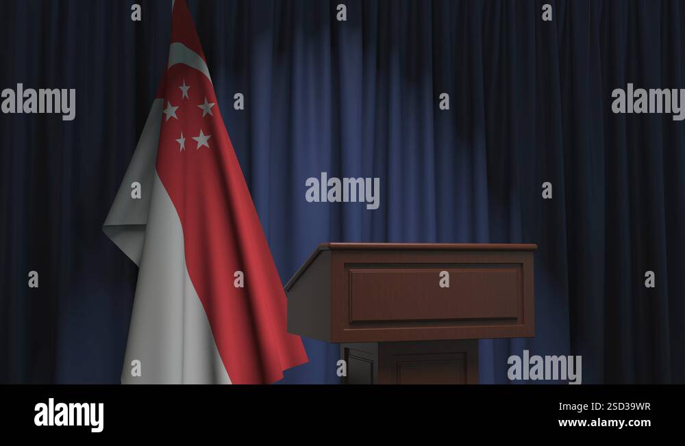 National flag of Singapore and speaker podium tribune. Political event ...