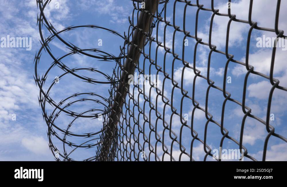 Detail of coiled Razor or wire and chainlink fence. Barbed wire. Blue ...