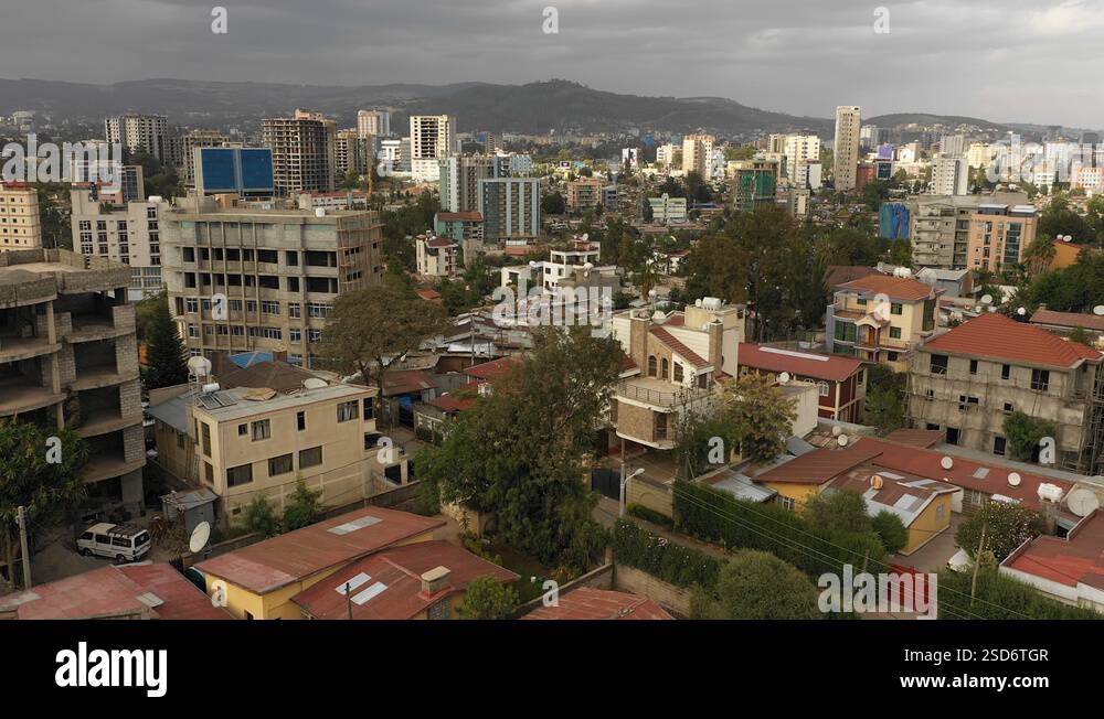 Drone flight over residential neighborhood in Addis Ababa Ethiopia ...