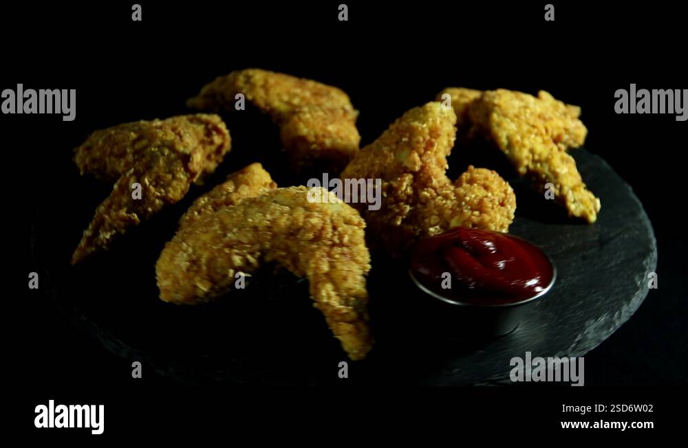 Breaded crispy fried chicken wing, red sauce rotation 360 degrees Stock ...