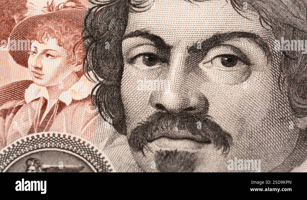 Caravaggio on vintage italian lire note tracking. Slider shot. Low ...