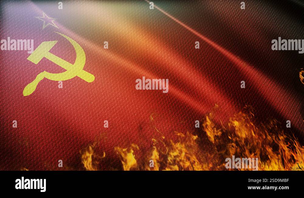 4k Former Soviet Union flag burning wrinkles waving wind flame fire ...