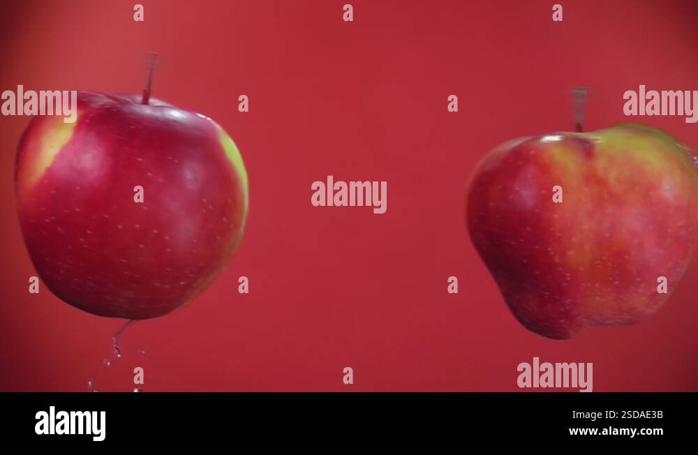 Two red apples are flying towards each other, colliding on the red ...