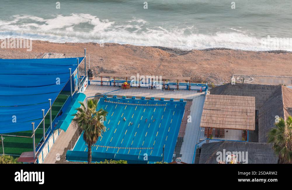 Open air swimming pool on a beach in Miraflores district of Lima aerial ...