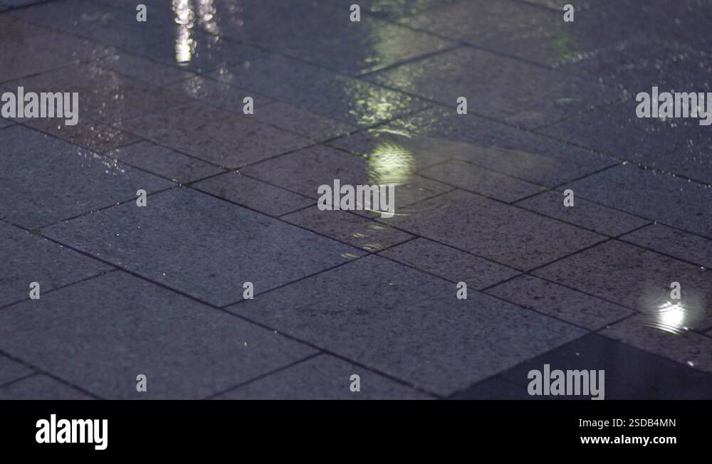 A Man Walking And Tread On The Rain Puddle On The Floor In The Street ...