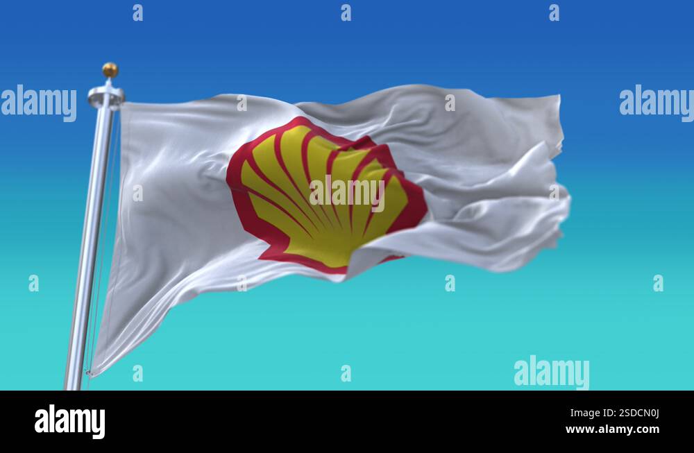 4k Royal Dutch Shell Plc Company flag wrinkles wind Slow Motion loop ...