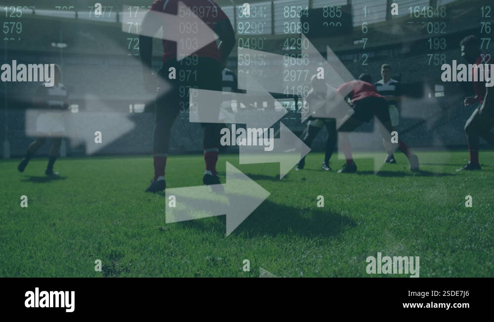 Animation of white arrows and numbers over two multi-ethnic rugby teams ...