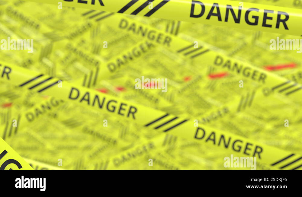 Yellow and red warning tapes with DANGER and STOP text. Conceptual 3d ...