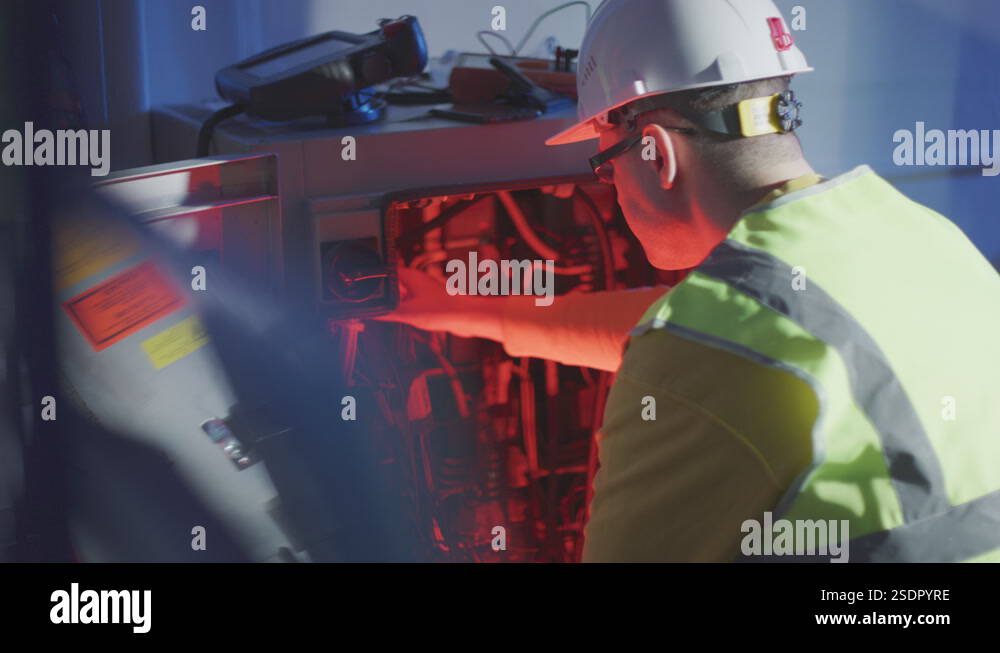 Confused service engineer works with broken electrical equipment of an ...