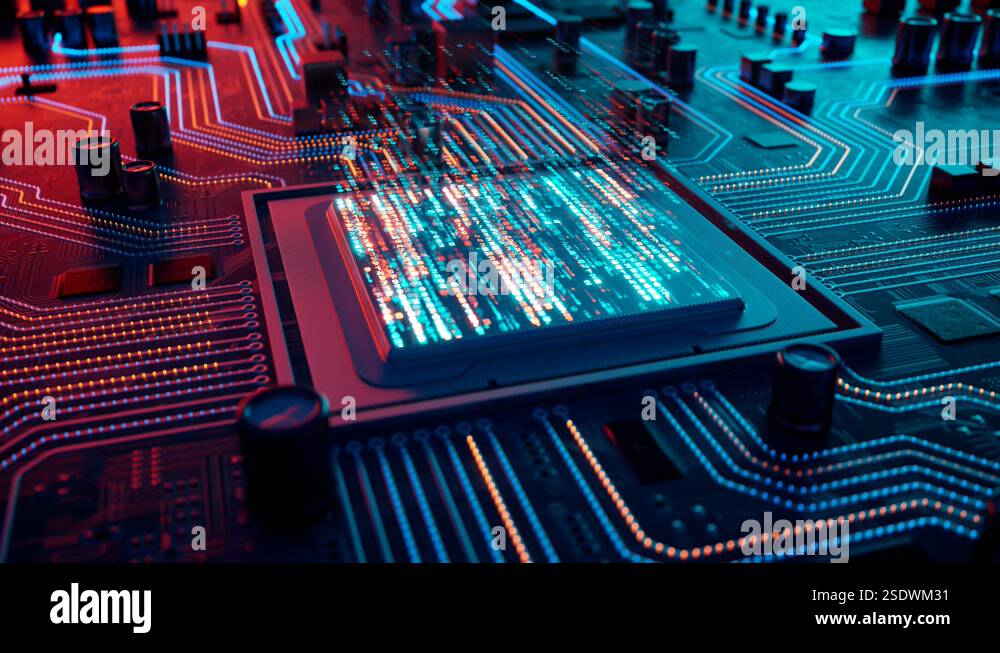 Data flow in a motherboard in pc. Processor among circuits and ...
