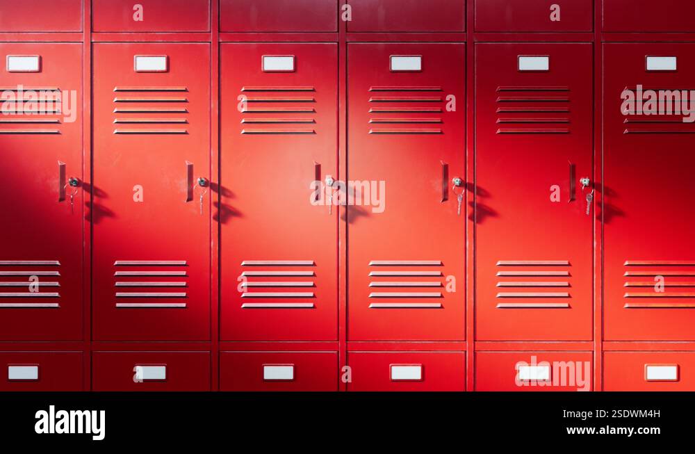 Lockers for students at school or university. Red lockers at hallway or ...