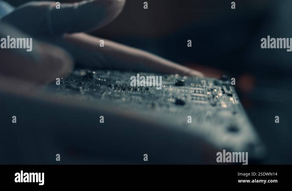 Graphics Cards Engineer Macro view of engineer's hands holding and closely analizing a GPU ...