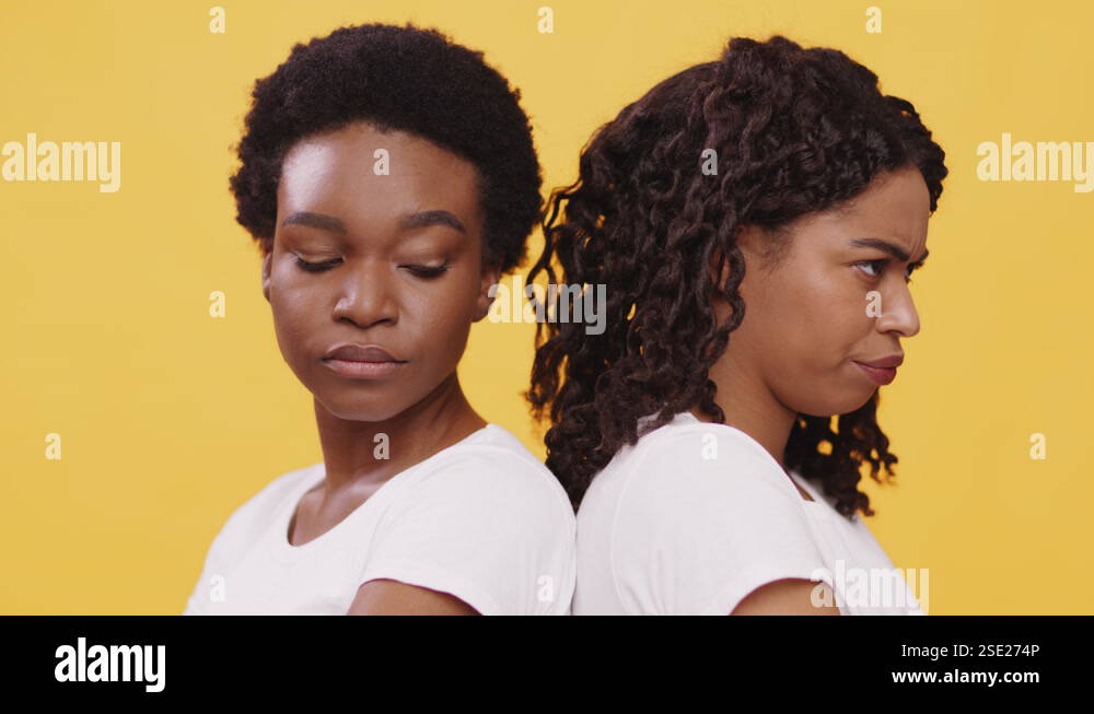 Two grumpy african american female friends standing back to back ...