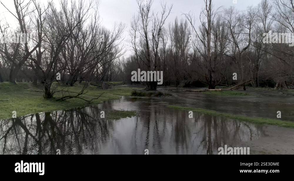 Flying over a river overflowing from a storm with a drone in winter in ...