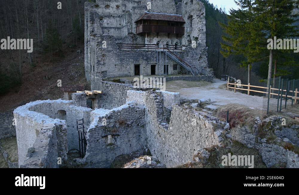 Decayed and collapsed defense thick walls in medieval castle Kamen ...